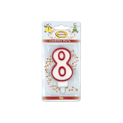 Candelina bianca con bordo rosso numero 8, 1pz.