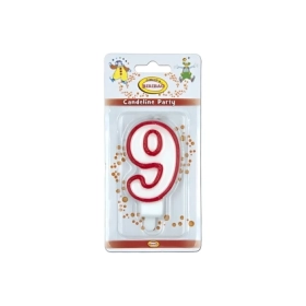 Candelina bianca con bordo rosso numero 9, 1pz.