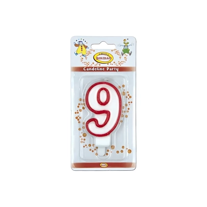 Candelina bianca con bordo rosso numero 9, 1pz.