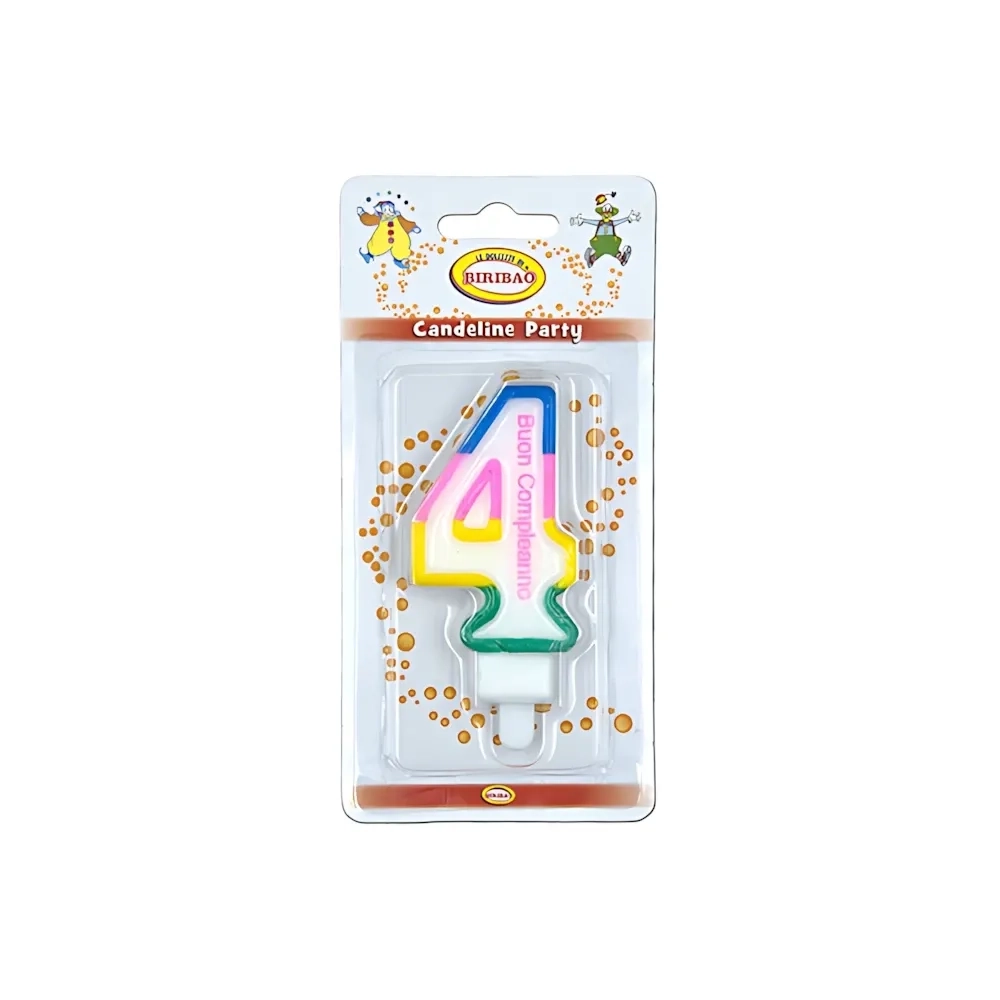 Candelina Multicolore Happy Birthday numero 4, 1pz.