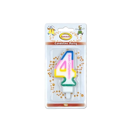 Candelina Multicolore Happy Birthday numero 4, 1pz.
