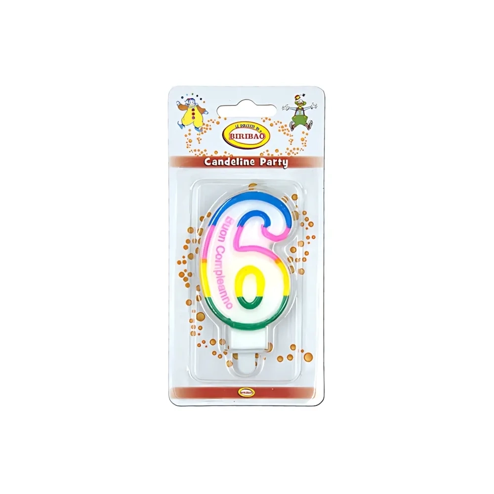 Candelina Multicolore Happy Birthday numero 6, 1pz.