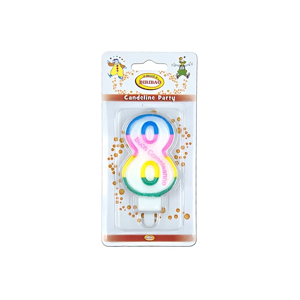Candelina Multicolore Happy Birthday numero 8, 1pz.