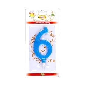 Candelina numero 6 celeste glitter grande, 1pz.