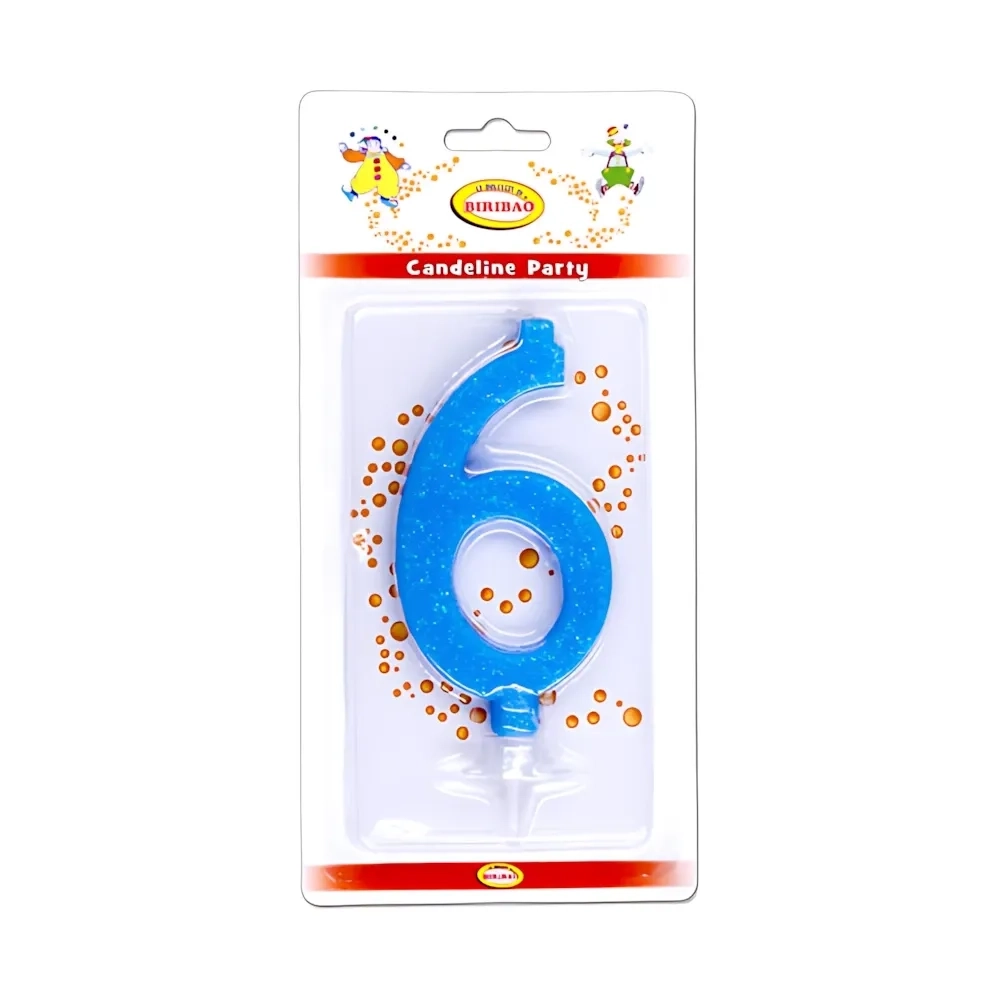 Candelina numero 6 celeste glitter grande, 1pz.