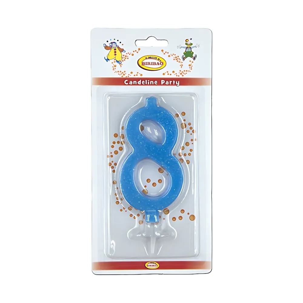 Candelina numero 8 celeste glitter grande, 1pz.