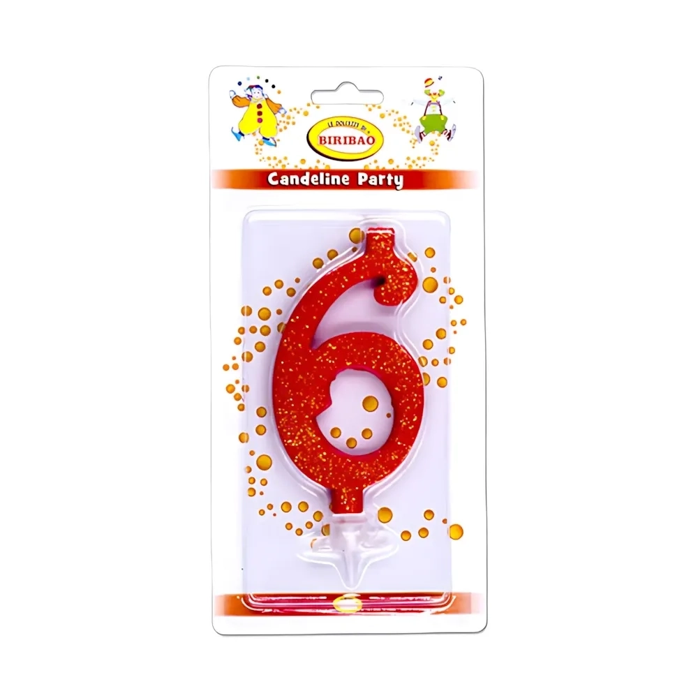 Candelina numero 6 rossa glitter grande, 1pz.