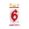 Candelina numero 6 rossa glitter grande, 1pz.