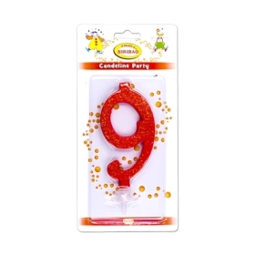 Candelina numero 9 rossa glitter grande, 1pz.