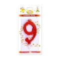 Candelina numero 9 rossa glitter grande, 1pz.