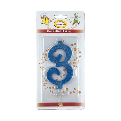 Candelina numero 3 blu glitter grande, 1pz.