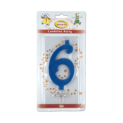 Candelina numero 6 blu glitter grande, 1pz.