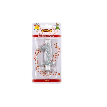 Candelina numero 1 argento glitter, 1pz.