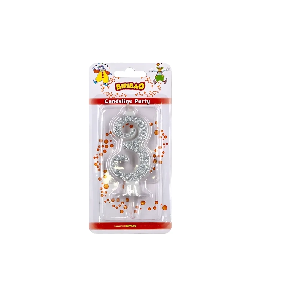 Candelina numero 3 argento glitter, 1pz.