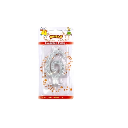 Candelina numero 6 argento glitter, 1pz.