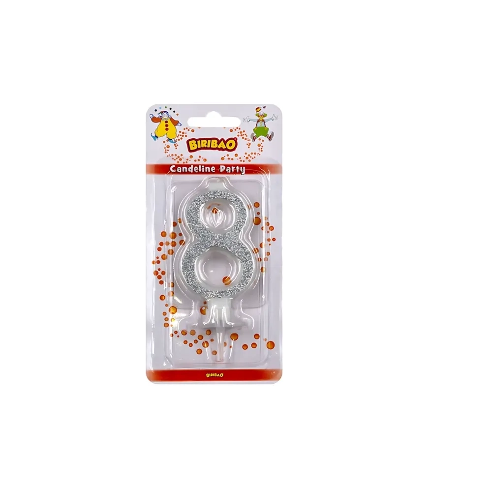 Candelina numero 8 argento glitter, 1pz.