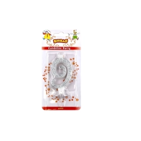 Candelina numero 9 argento glitter, 1pz.