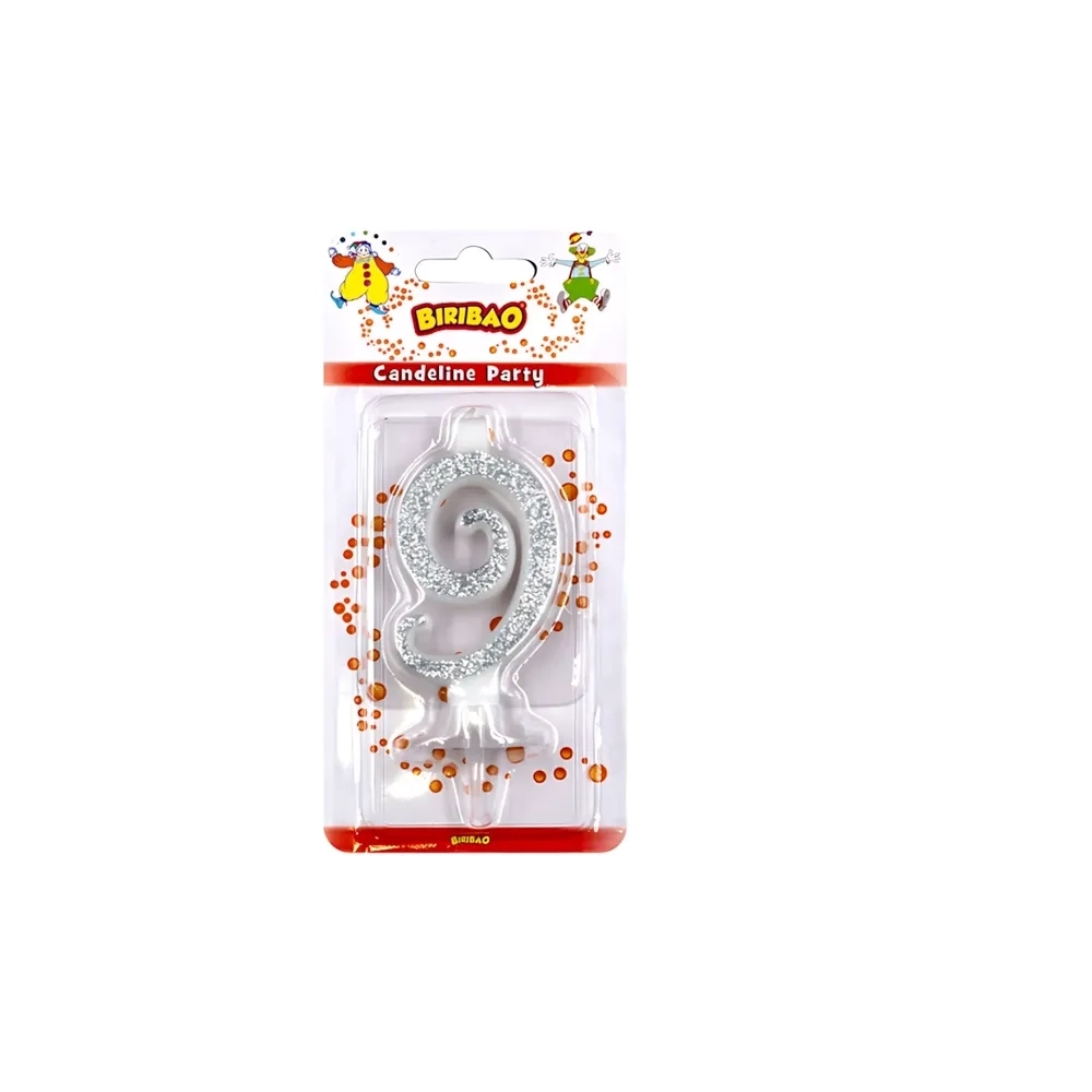 Candelina numero 9 argento glitter, 1pz.