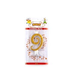 Candelina numero 9 oro glitter, 1pz.