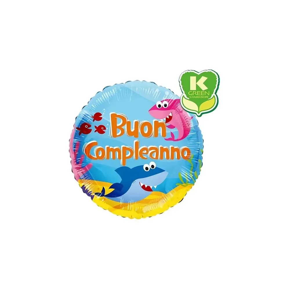 Palloncino Buon Compleanno con Squali standard shape 18" (45cm) in mylar, 1pz.