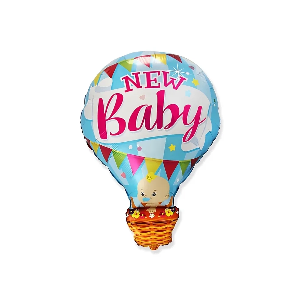 Palloncino Mongolfiera celeste con testo New Baby 36" (91cm) in mylar, 1pz.