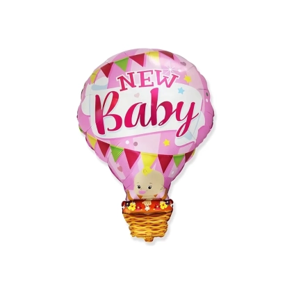 Palloncino Mongolfiera rosa con testo New Baby 36" (91cm) in mylar, 1pz.