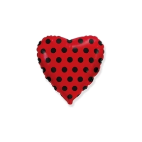 Palloncino cuore Rosso con Pois Neri standard shape 18" (45cm) in mylar, 1pz.