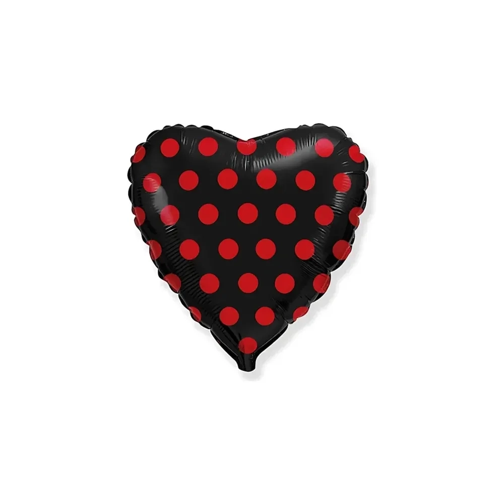 Palloncino cuore Nero con Pois Rossi standard shape 18" (45cm) in mylar, 1pz.