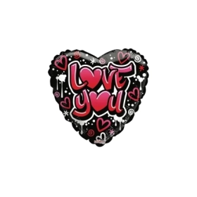 Palloncino cuore nero con Graffiti e testo Love You standard shape 18" (45cm) in mylar, 1pz.