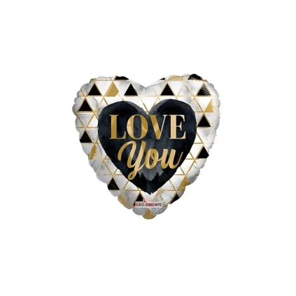 Palloncino a cuoree Oro e Nero con testo Love You standard shape 18" (45cm) in mylar, 1pz.