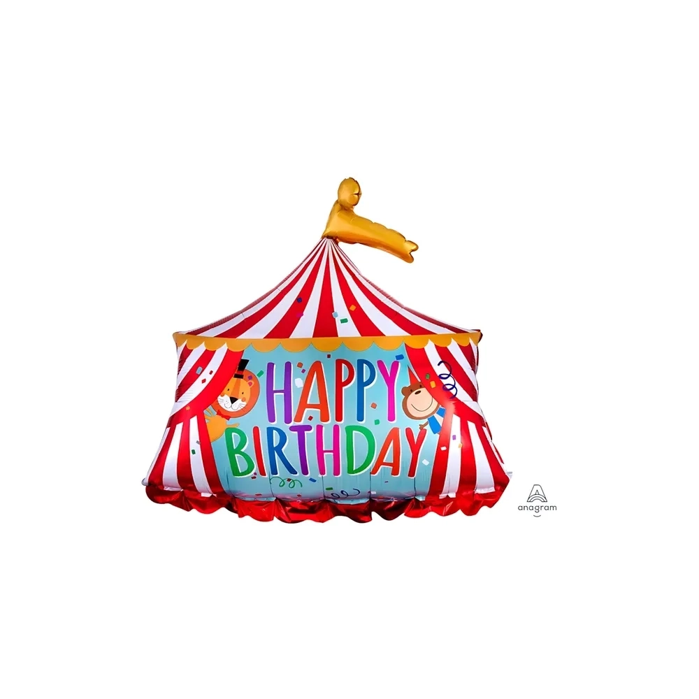 Palloncino Happy Birthday Tendone Circo super shape 28" (71cm) in mylar, 1pz.