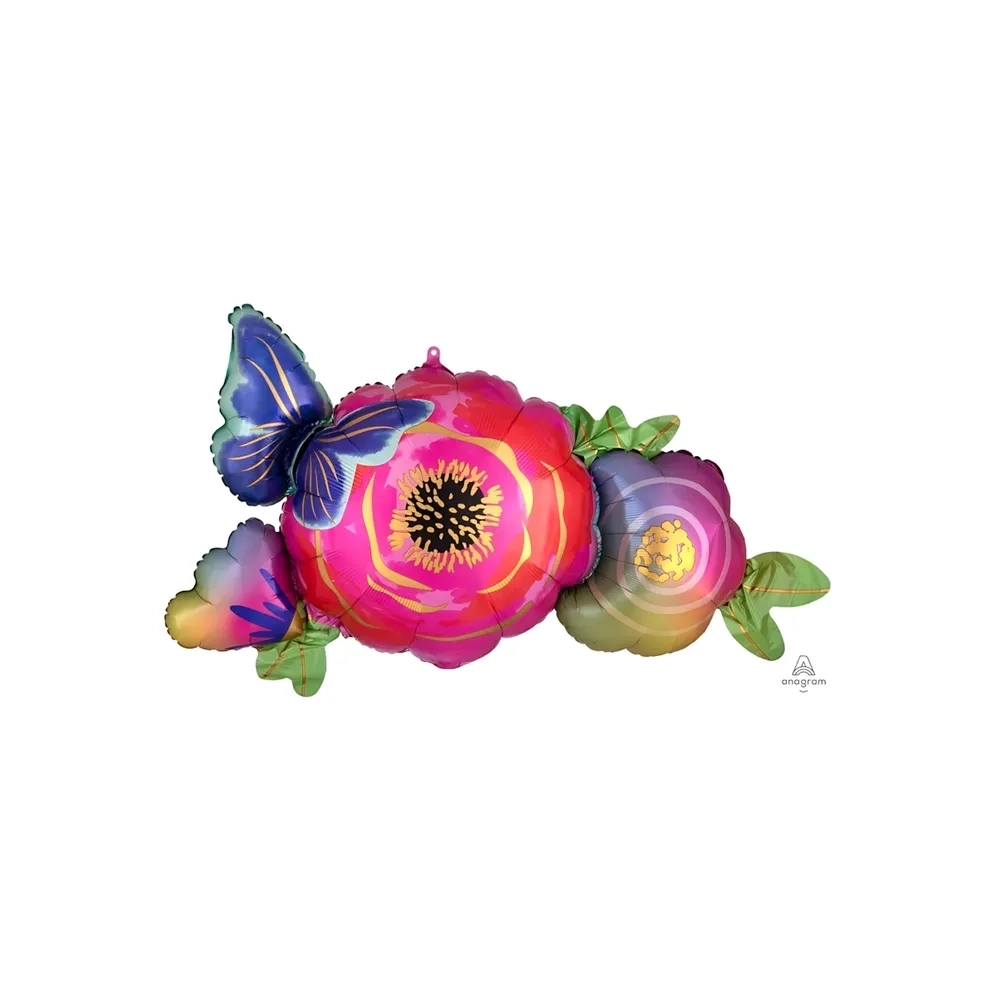 Palloncino Fiori Satinati e Farfalla super shape 37" (93cm) in mylar, 1pz.