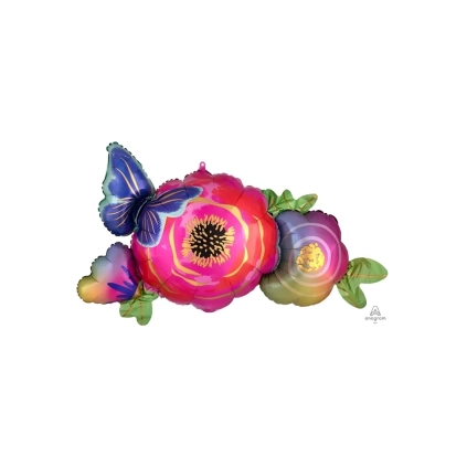 Palloncino Fiori Satinati e Farfalla super shape 37" (93cm) in mylar, 1pz.
