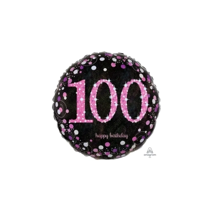 Palloncino Happy Birthday 100 rosa e nero scintillante standard shape 18" (45cm) in mylar, 1pz.