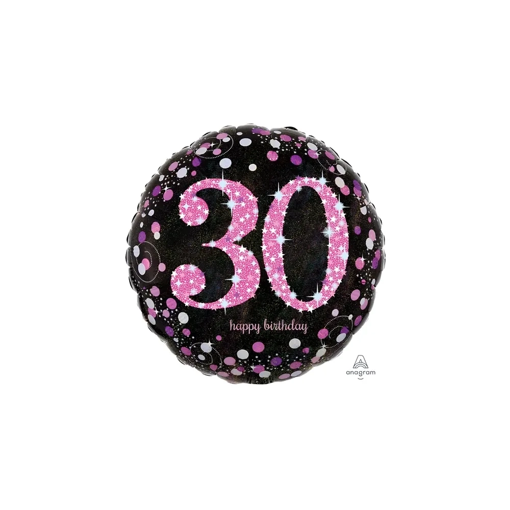 Palloncino Happy Birthday 30 Anni rosa e nero scintillante 18" (45cm), 1pz.
