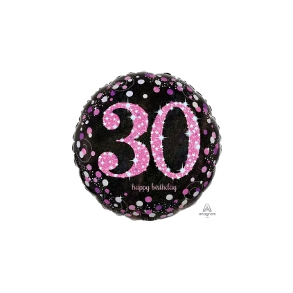 Palloncino Happy Birthday 30 Anni rosa e nero scintillante 18" (45cm), 1pz.