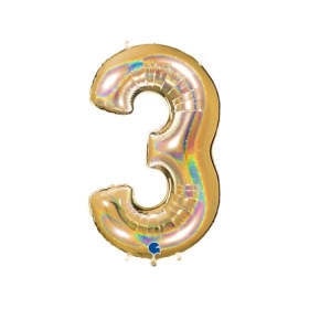 Palloncino numero 3 HoloGlitter Oro super shape 40" (101cm) in mylar, 1pz.