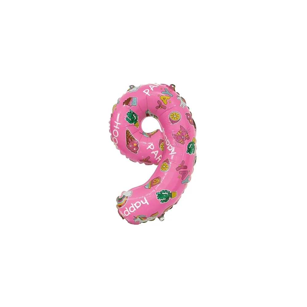 Palloncini numero 9 Rosa Hooray Party mini shape 14" (35cm) in mylar, 5pz.
