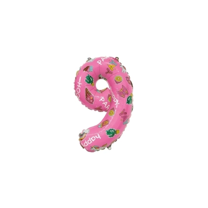 Palloncini numero 9 Rosa Hooray Party mini shape 14" (35cm) in mylar, 5pz.