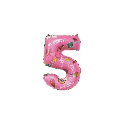 Palloncini numero 5 Rosa Hooray Party mini shape 14" (35cm) in mylar, 5pz.