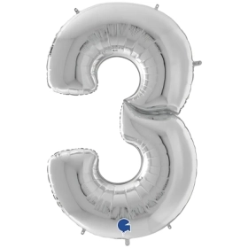 Palloncino numero 3 Argento mega shape 64" (162cm) in mylar, 1pz.