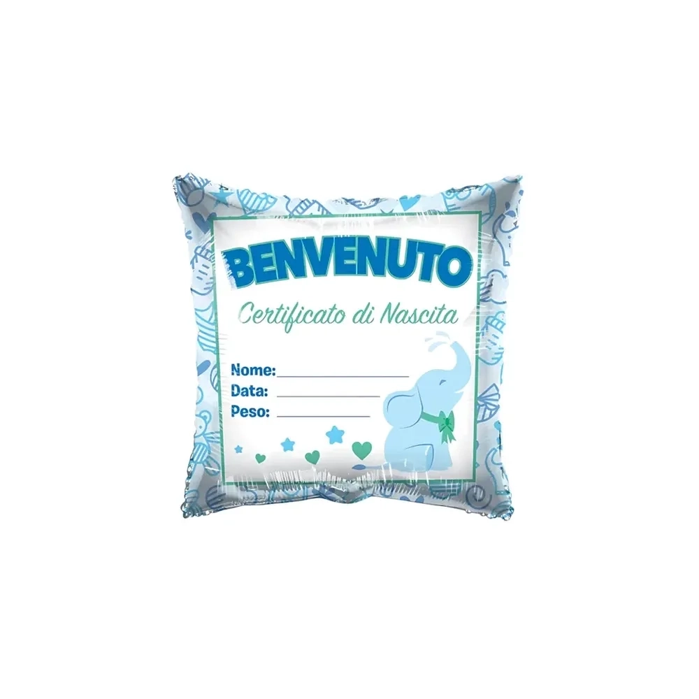 Palloncino quadrato Benvenuto Certificato di Nascita standard shape 18" (45cm) in mylar, 1pz.