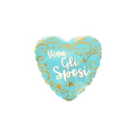 Palloncino a cuore Viva Gli Sposi verde tiffany con filigrana oro standard shape 18" (45cm) in mylar, 1pz.