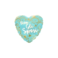 Palloncino a cuore Viva Gli Sposi verde tiffany con filigrana oro standard shape 18" (45cm) in mylar, 1pz.