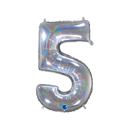 Palloncino numero 5 holo glitter argento super shape 40" (101cm) in mylar, 1pz.
