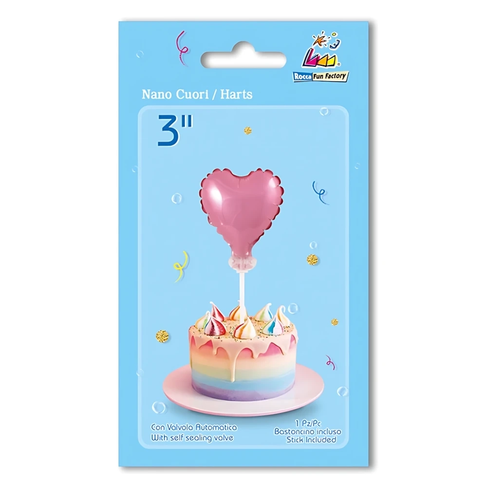 Palloncino Nano Cuore Rosa con bastoncino nano shape 3" (7cm) in mylar, 1pz.