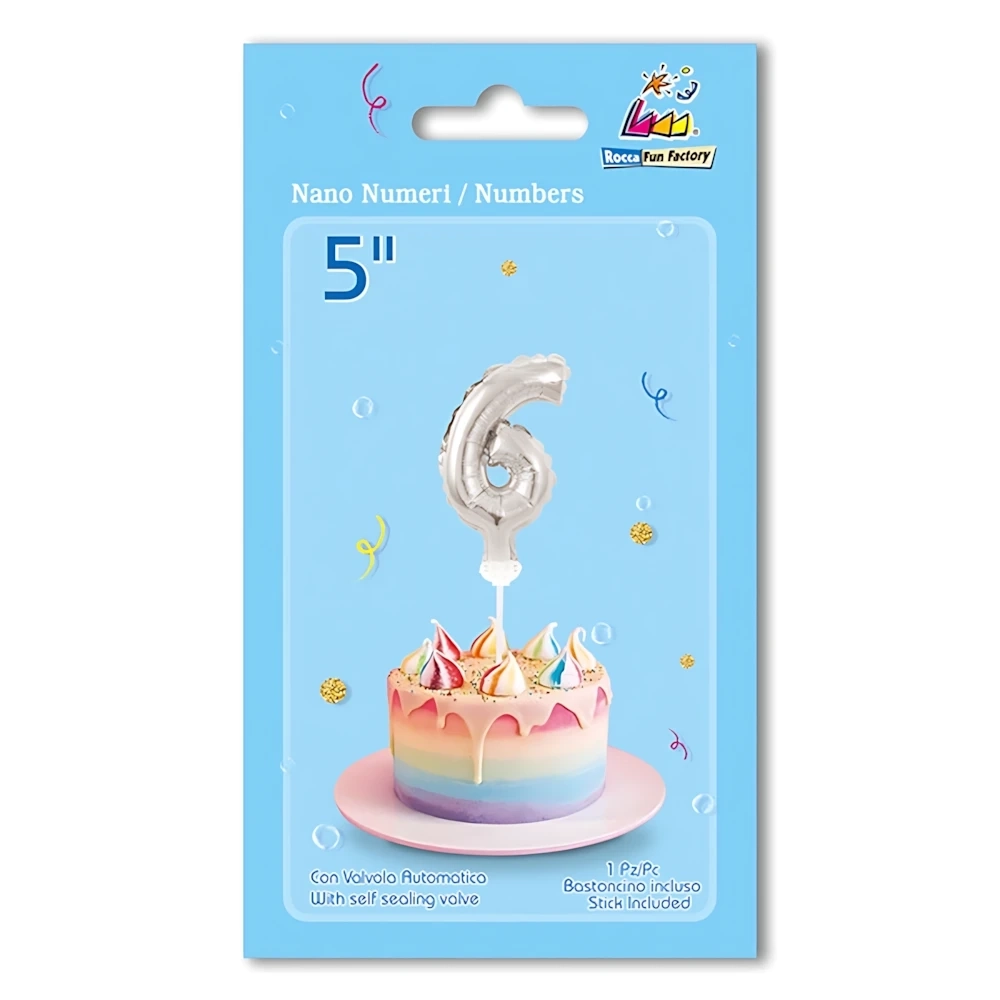 Palloncino numero 6 Argento micro shape 5" (12cm) in mylar, 1pz.