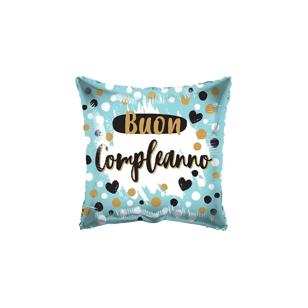 Palloncino quadrato Buon Compleanno celeste con Pois e Cuori standard shape 18" (45cm) in mylar, 1pz.