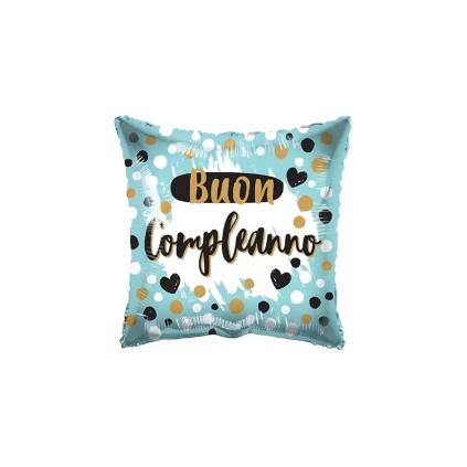Palloncino quadrato Buon Compleanno celeste con Pois e Cuori standard shape 18" (45cm) in mylar, 1pz.