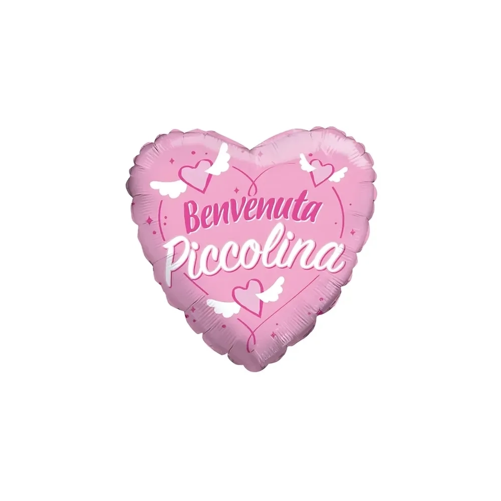 Palloncino cuore celeste con scritta Benvenuta Piccolina 18" (45cm) in mylar, 1pz.